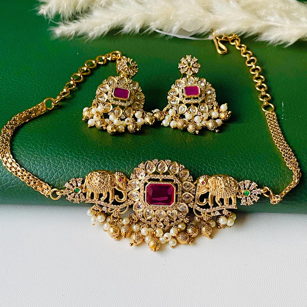 Ruby and green kemp stone pearl and CZ dainty necklace set