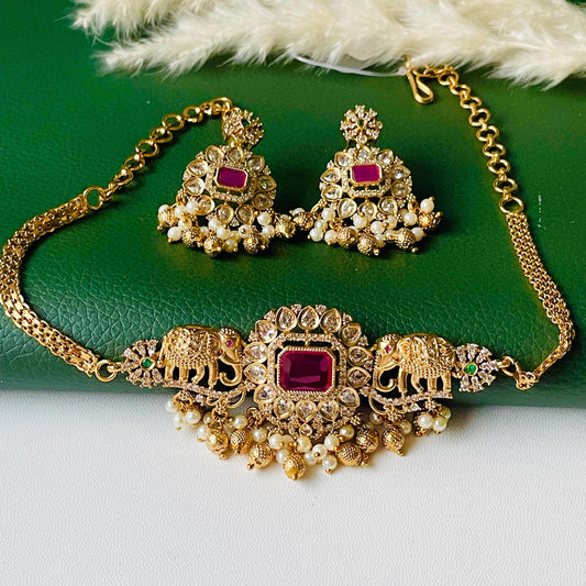 Ruby and green kemp stone pearl and CZ dainty necklace set