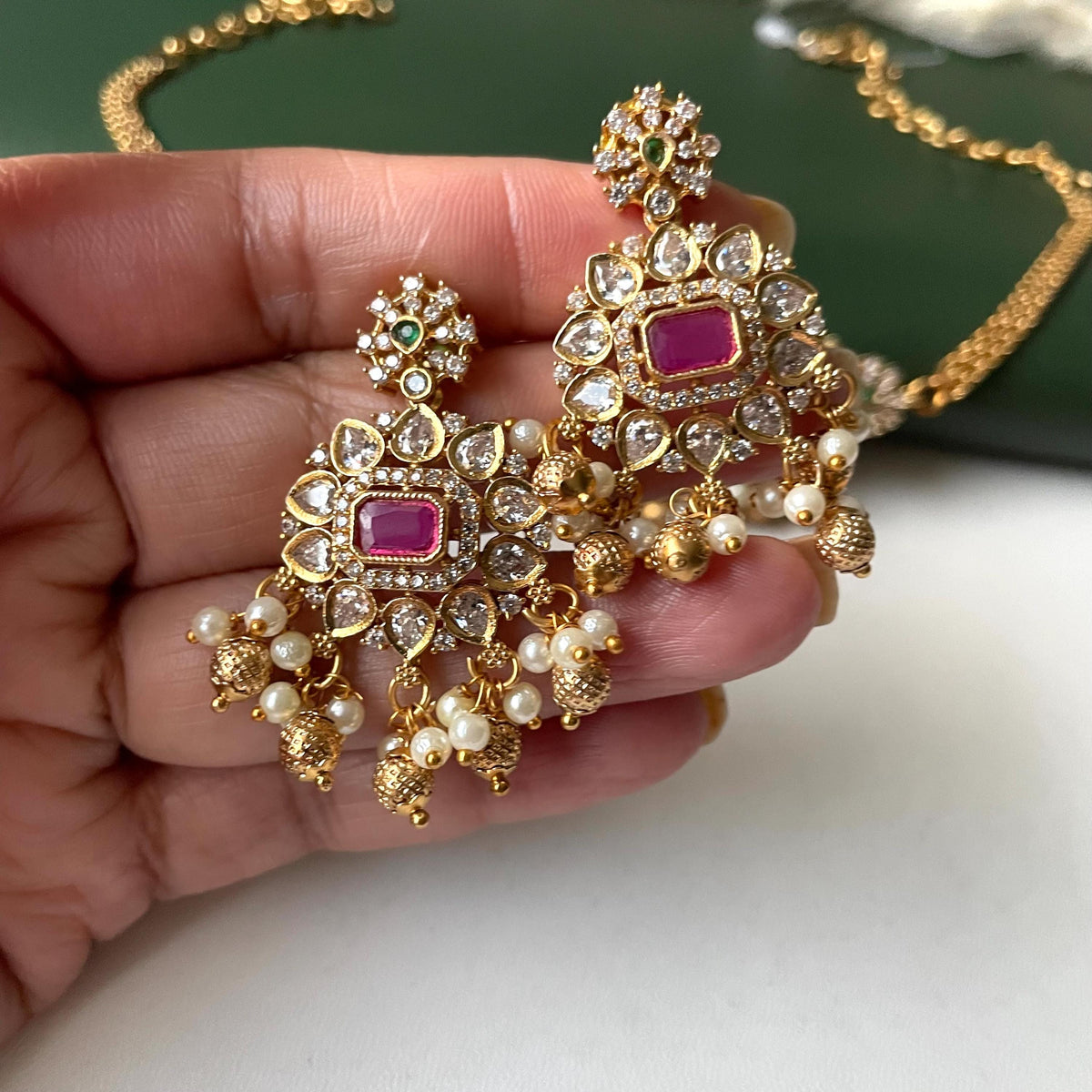 Ruby and green kemp stone pearl and CZ dainty necklace set