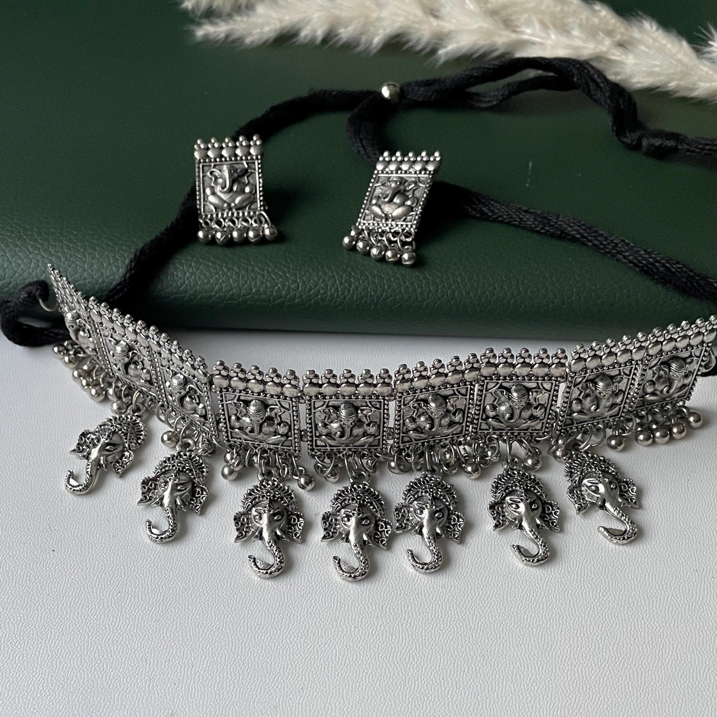 Oxidized Krishna Choker Necklace with Earrings: Red Beads