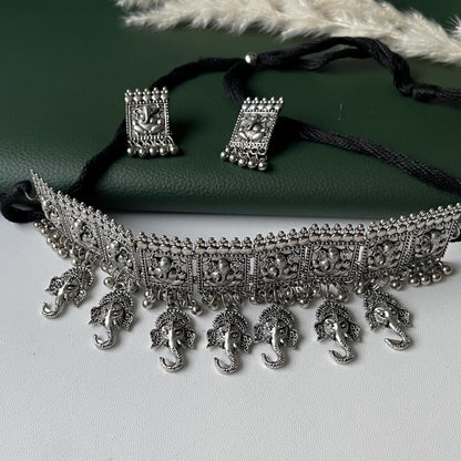 Oxidized Krishna Choker Necklace with Earrings: Red Beads