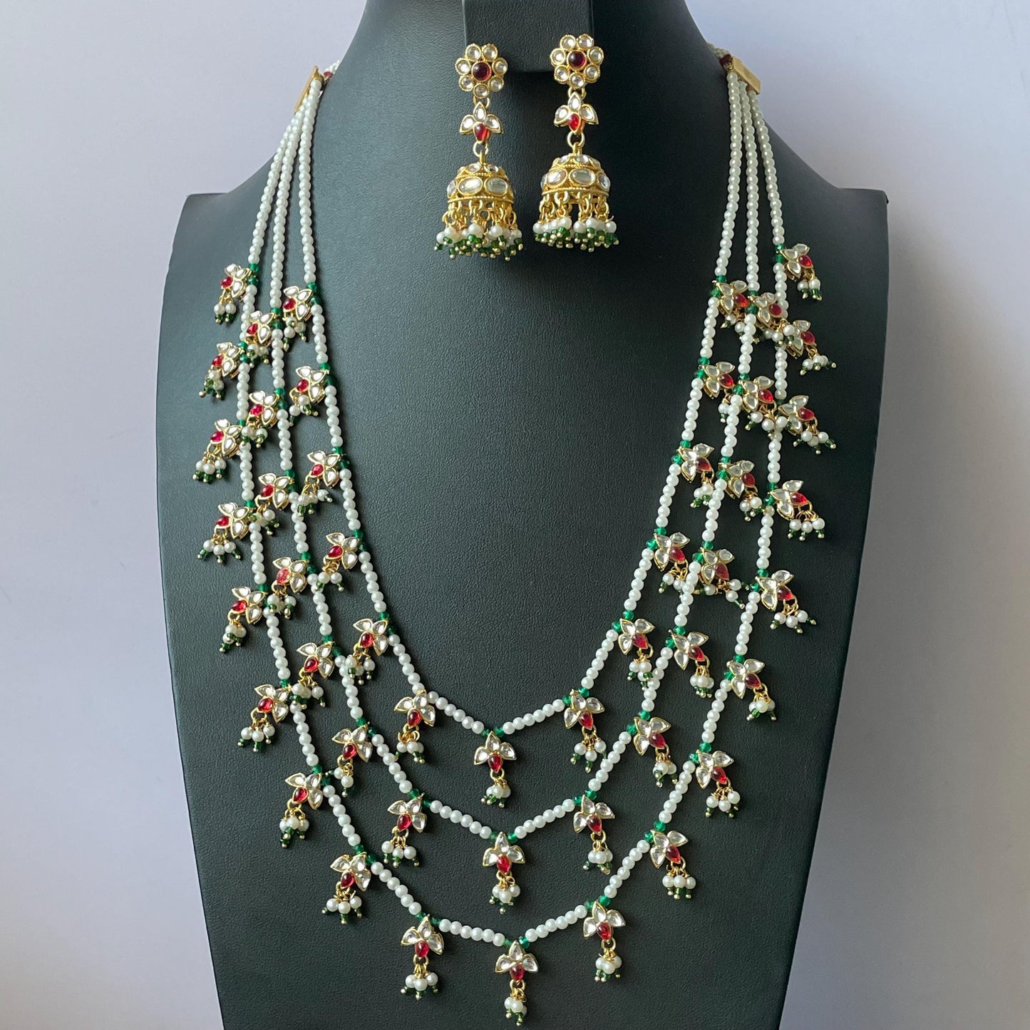 White Pearl Kundan Raanihaar: 3-Layer Necklace with matching jhumkis