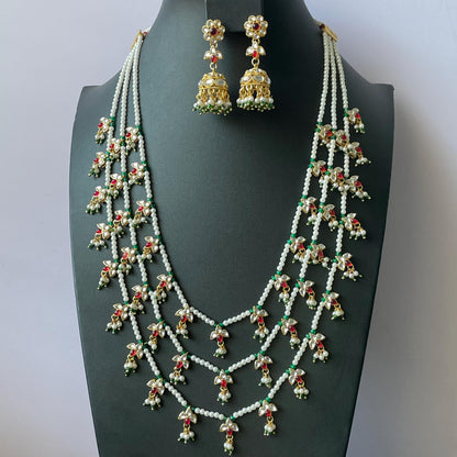 White Pearl Kundan Raanihaar: 3-Layer Necklace with matching jhumkis