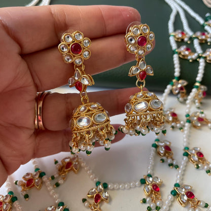 White Pearl Kundan Raanihaar: 3-Layer Necklace with matching jhumkis