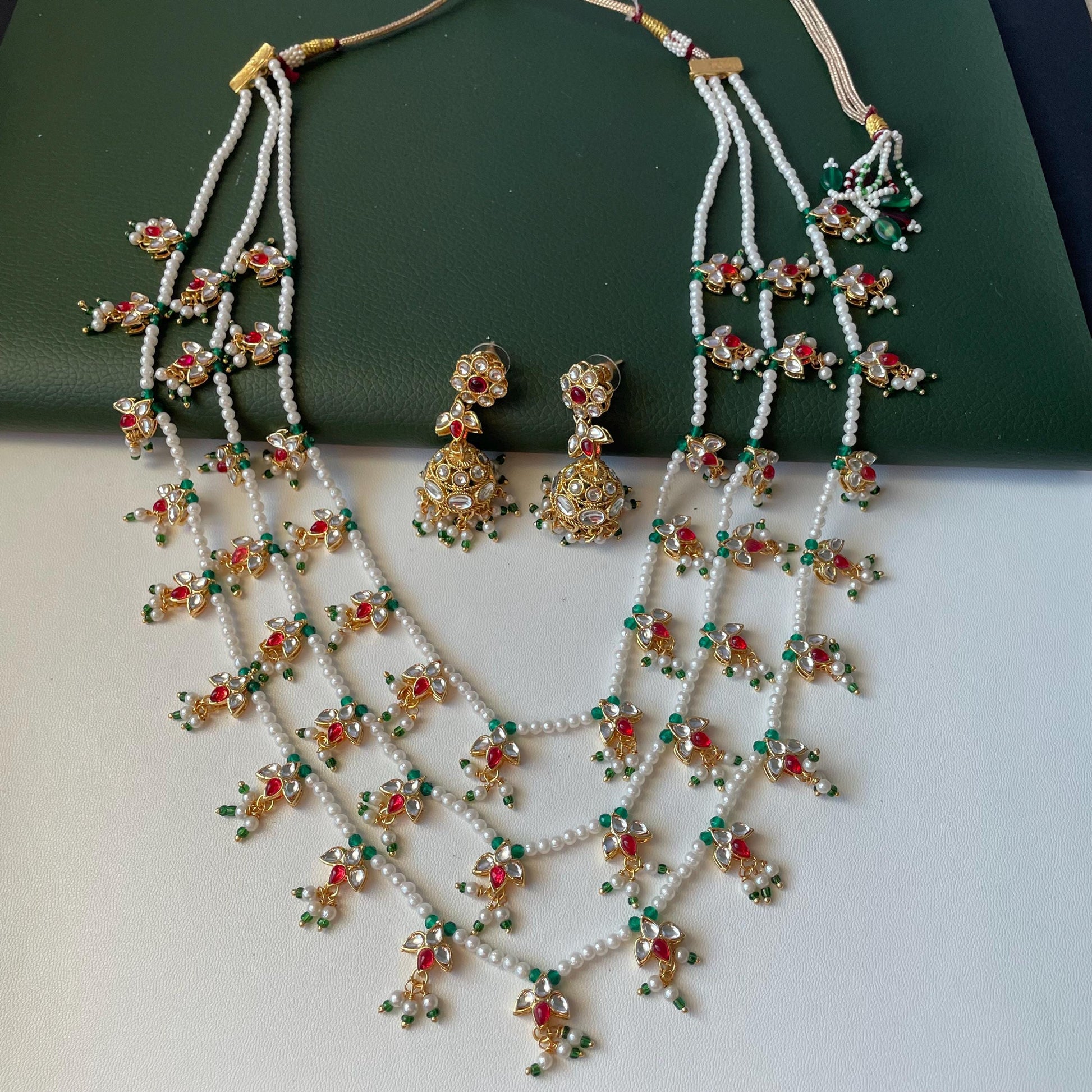 White Pearl Kundan Raanihaar: 3-Layer Necklace with matching jhumkis