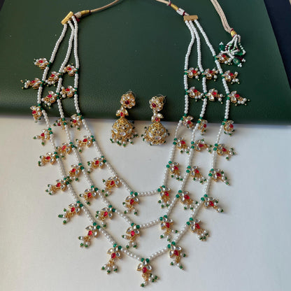 White Pearl Kundan Raanihaar: 3-Layer Necklace with matching jhumkis