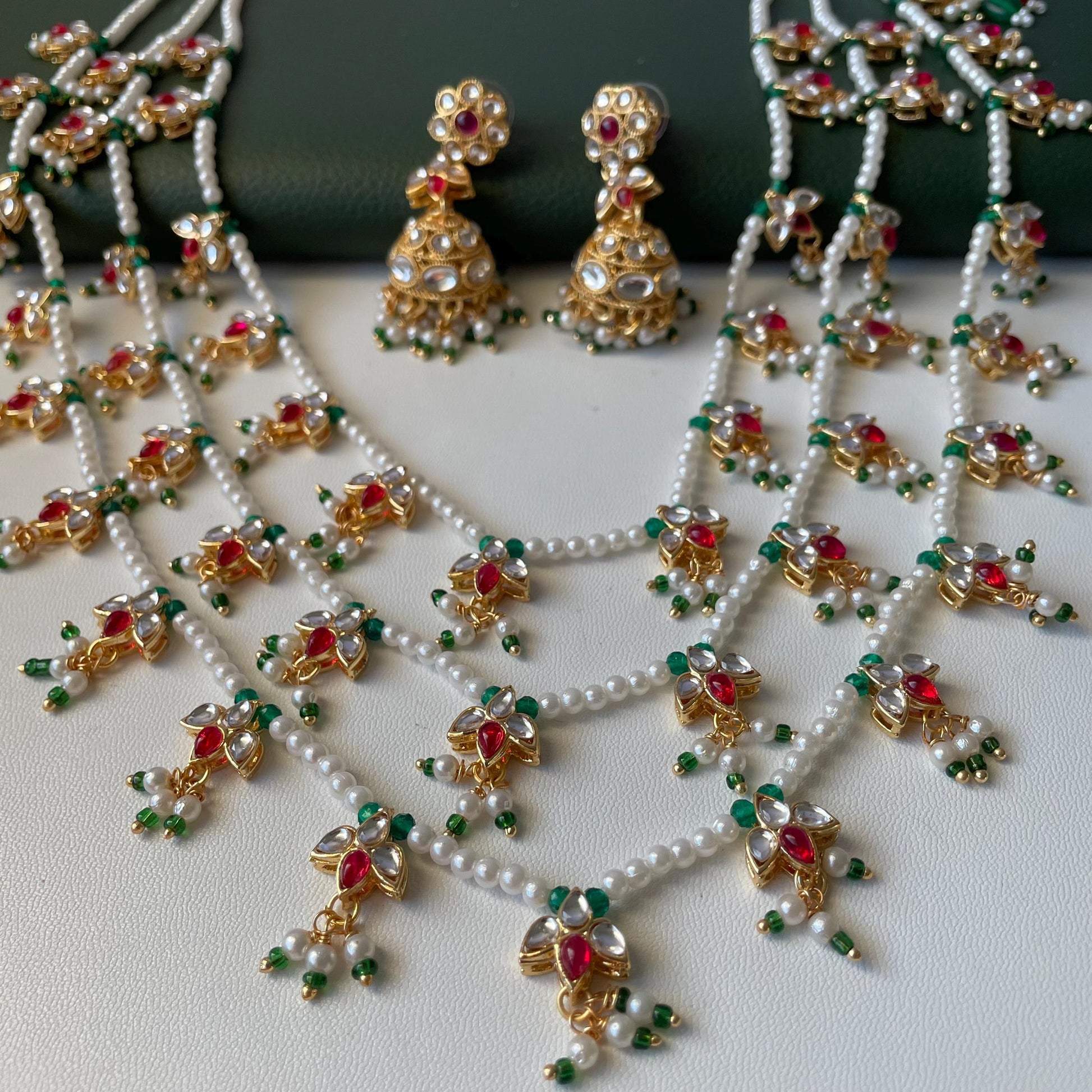 White Pearl Kundan Raanihaar: 3-Layer Necklace with matching jhumkis