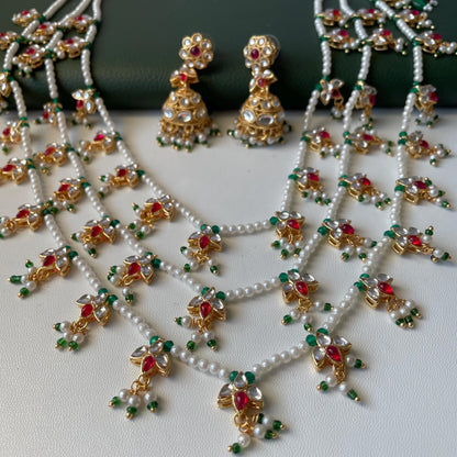 White Pearl Kundan Raanihaar: 3-Layer Necklace with matching jhumkis