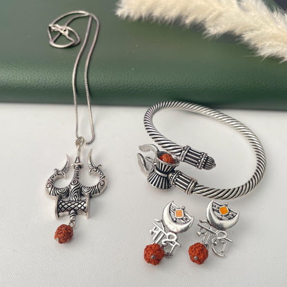 Trishul and Rudraksha unisex pendent necklace , kada and earrings or set
