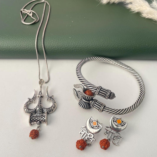Trishul and Rudraksha unisex pendent necklace , kada and earrings or set