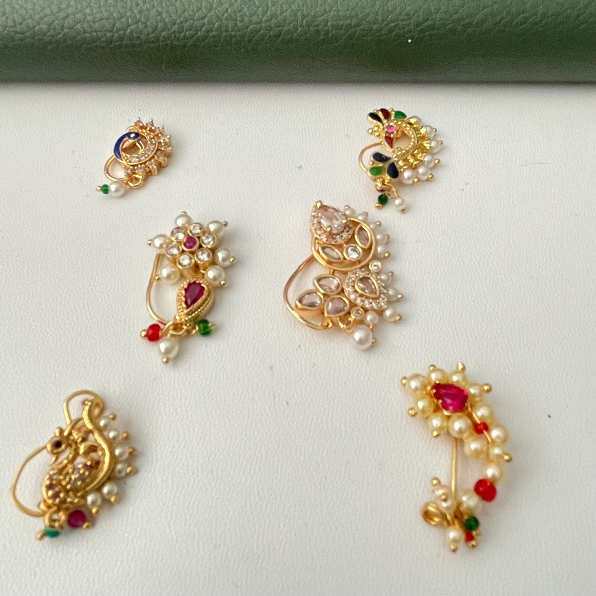 Maharashtrian Nath: Gold Plated cubic zirconia pearl colorful clip on nose pins - Indian Jewelry