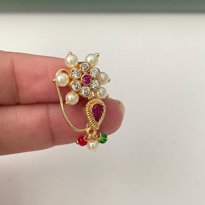 Maharashtrian Nath: Gold Plated cubic zirconia pearl colorful clip on nose pins - Indian Jewelry