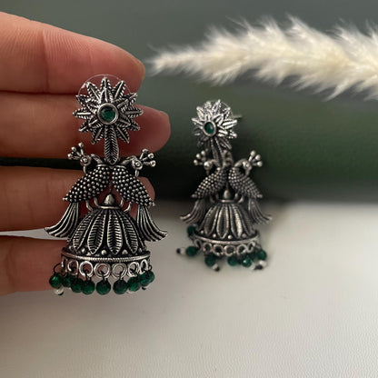Oxidised green or ruby beads peacock half jhumkis
