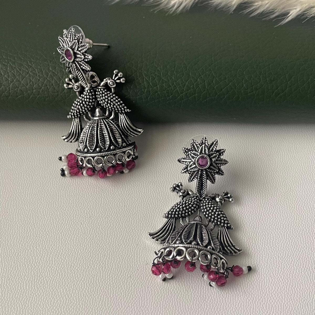Oxidised green or ruby beads peacock half jhumkis