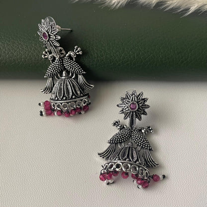Oxidised green or ruby beads peacock half jhumkis