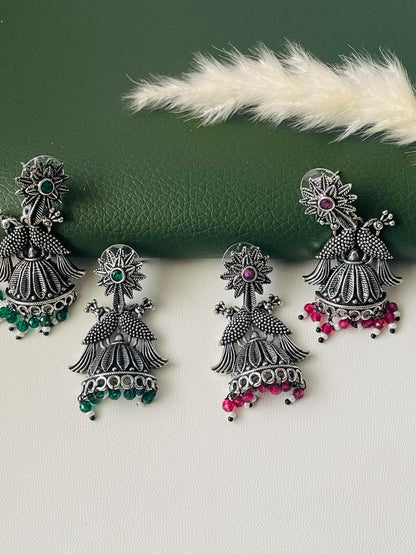 Oxidised green or ruby beads peacock half jhumkis
