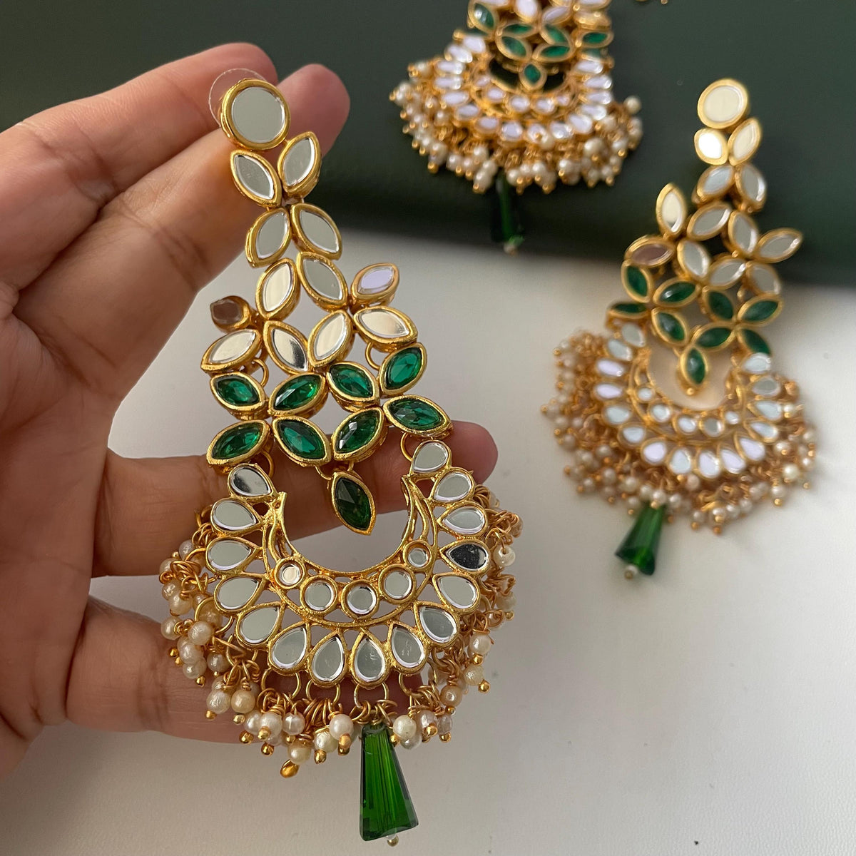Green and white / ivory mirror necklace set with matching Maang tika