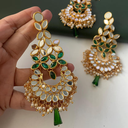 Green and white / ivory mirror necklace set with matching Maang tika