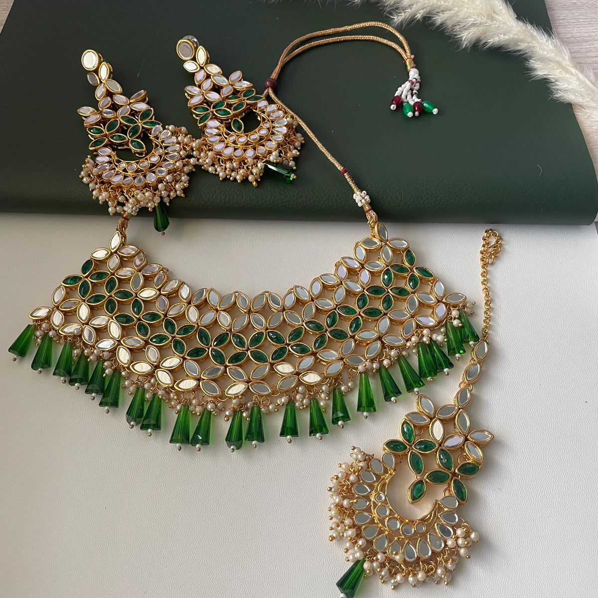 Green and white / ivory mirror necklace set with matching Maang tika