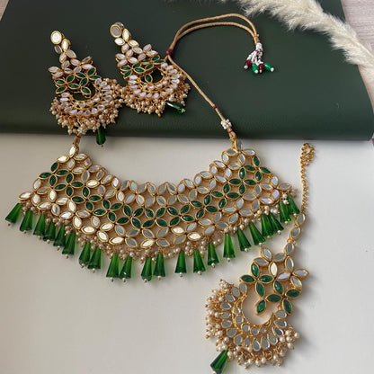 Green and white / ivory mirror necklace set with matching Maang tika