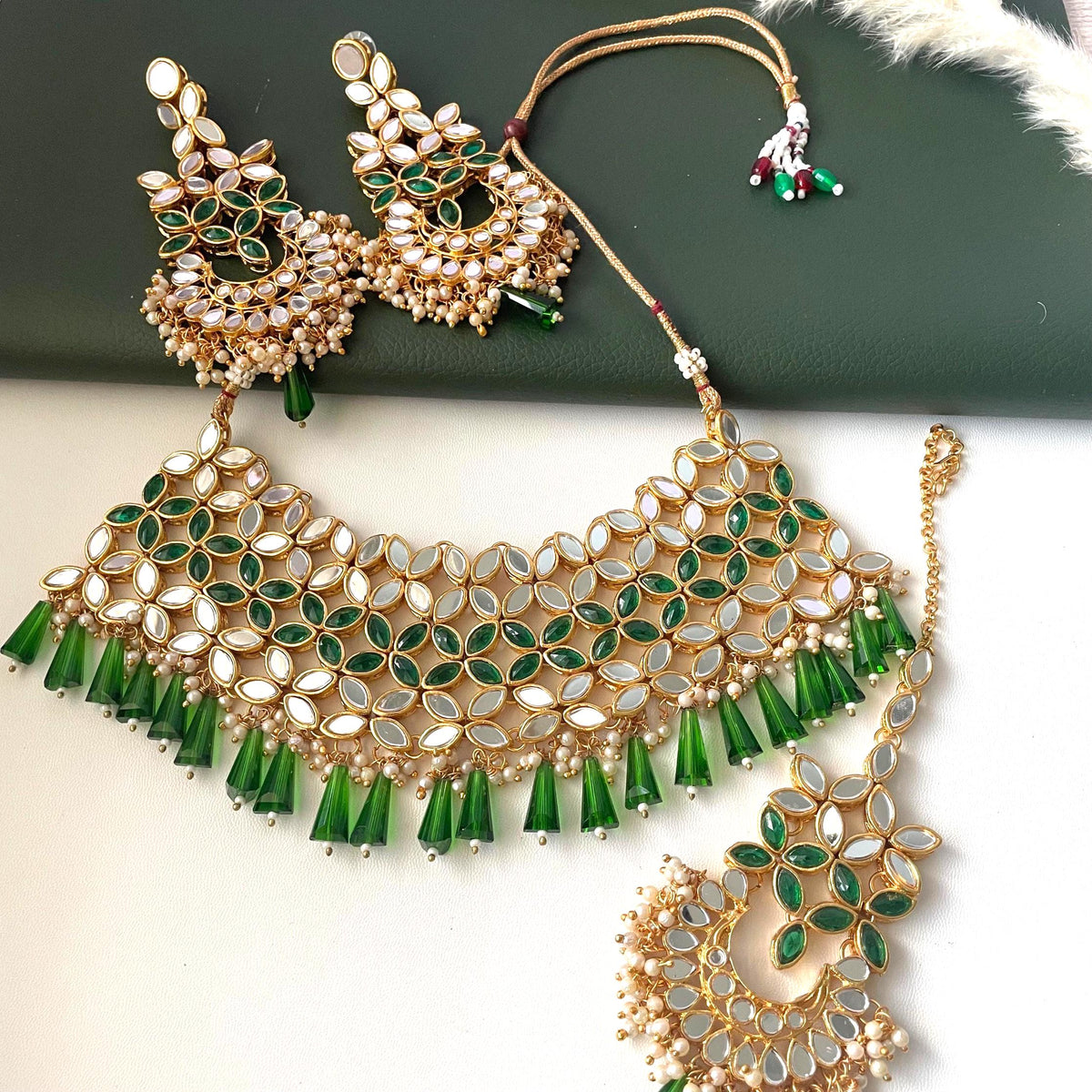 Green and white / ivory mirror necklace set with matching Maang tika