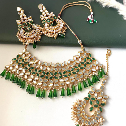 Green and white / ivory mirror necklace set with matching Maang tika