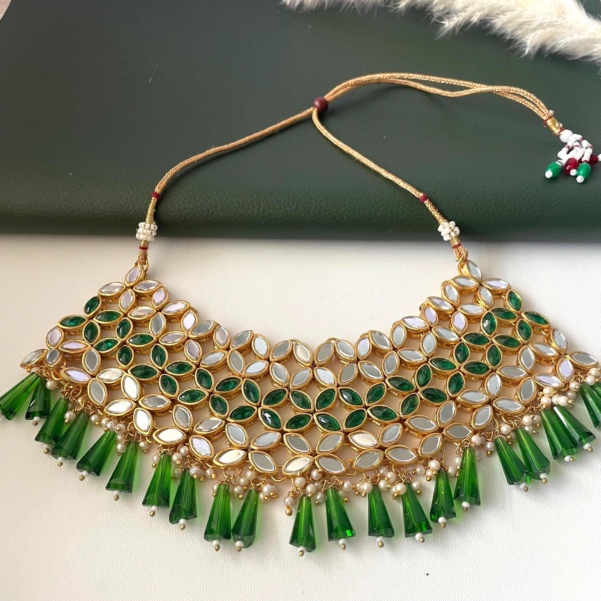 Green and white / ivory mirror necklace set with matching Maang tika