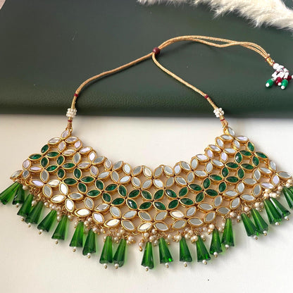 Green and white / ivory mirror necklace set with matching Maang tika