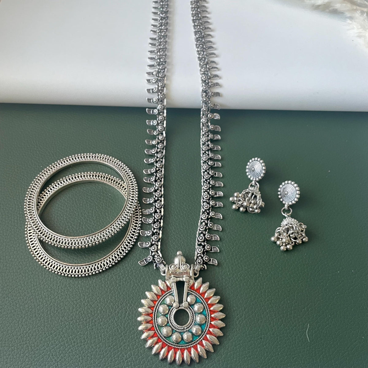 Oxidized long Necklace Earrings and bangles Set