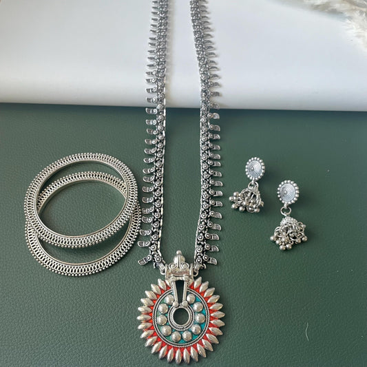 Oxidized long Necklace Earrings and bangles Set