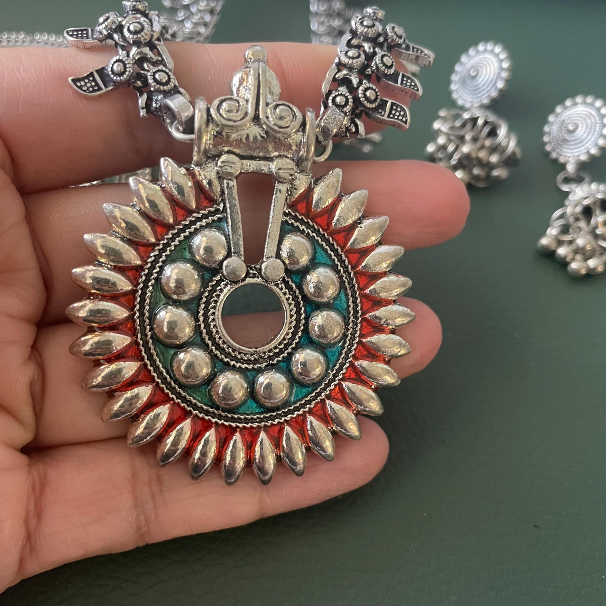 Oxidized long Necklace Earrings and bangles Set