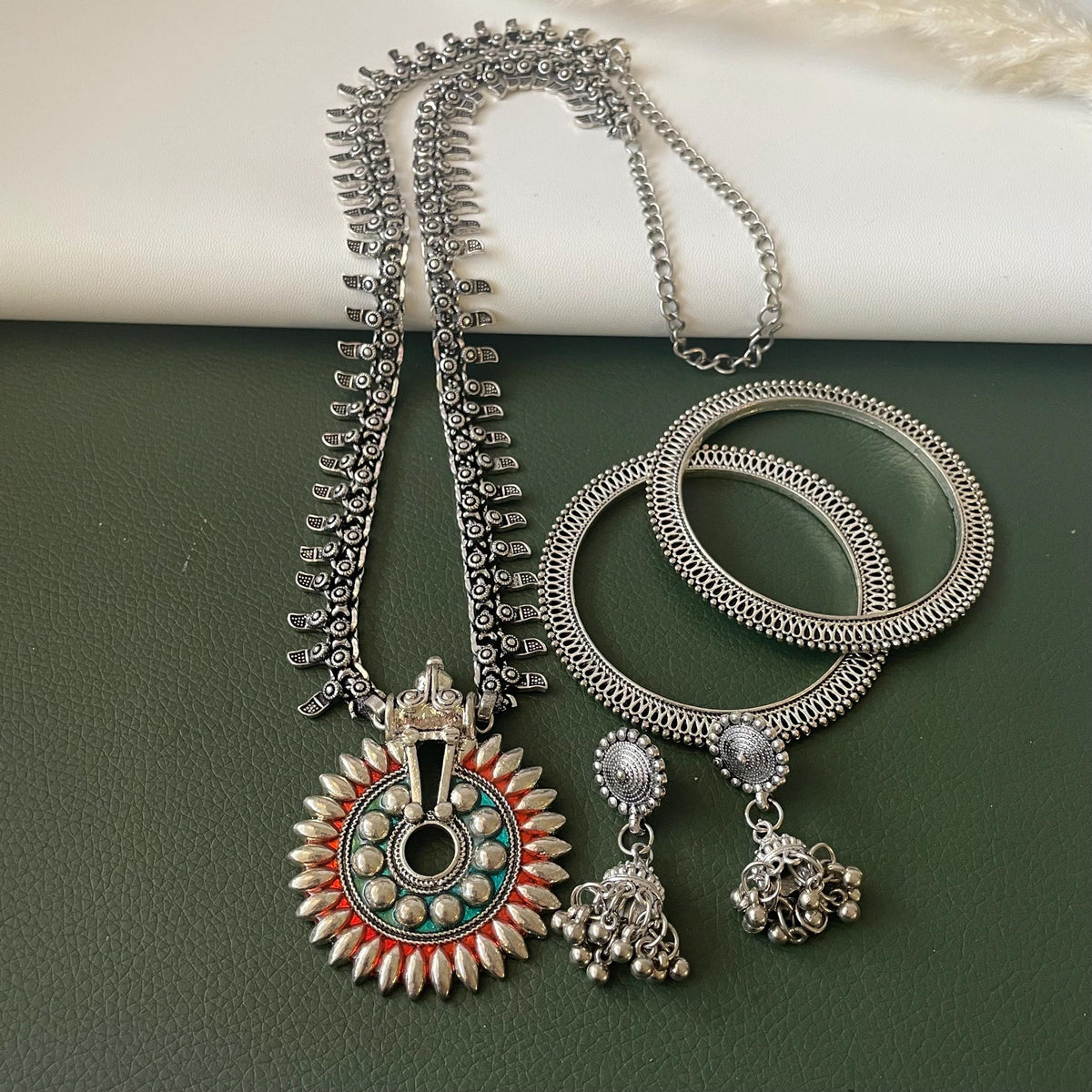 Oxidized long Necklace Earrings and bangles Set
