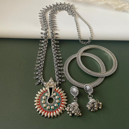 Oxidized long Necklace Earrings and bangles Set