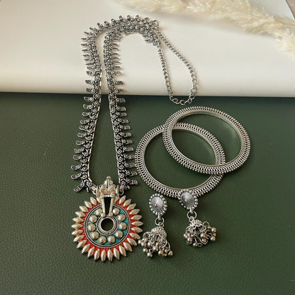 Oxidized long Necklace Earrings and bangles Set