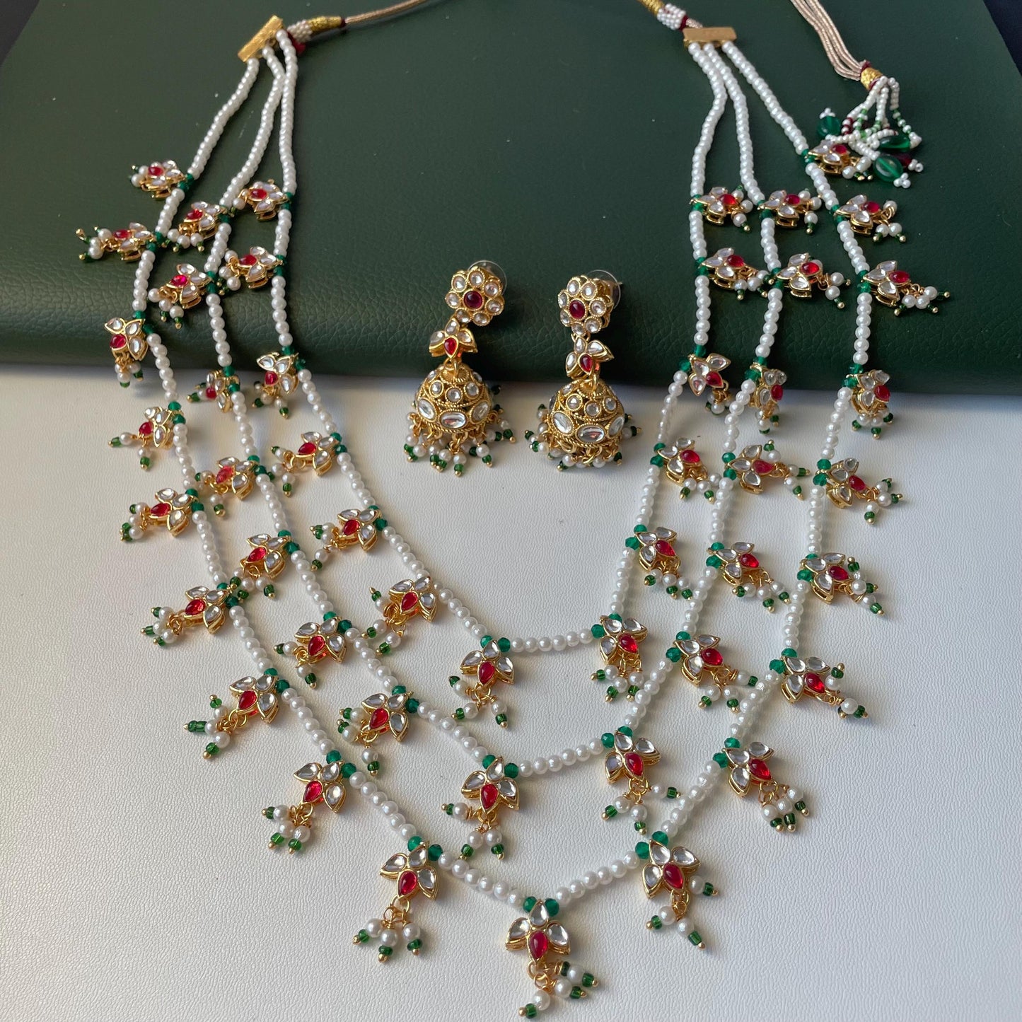 White Pearl Kundan Raanihaar: 3-Layer Necklace with matching jhumkis