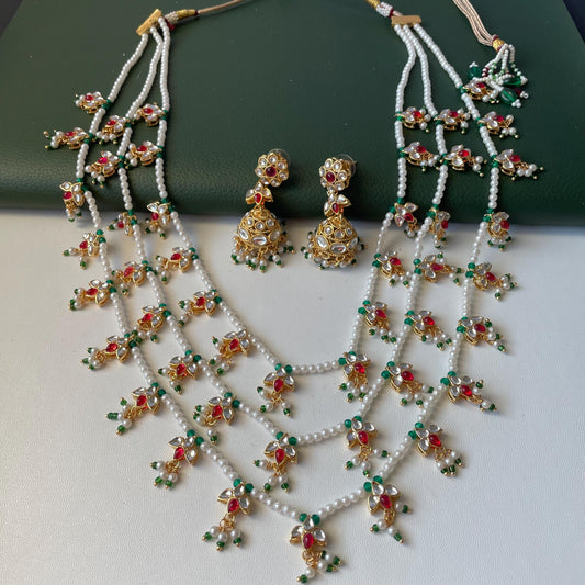 White Pearl Kundan Raanihaar: 3-Layer Necklace with matching jhumkis
