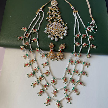 White Pearl Kundan Raanihaar: 3-Layer Necklace with matching jhumkis