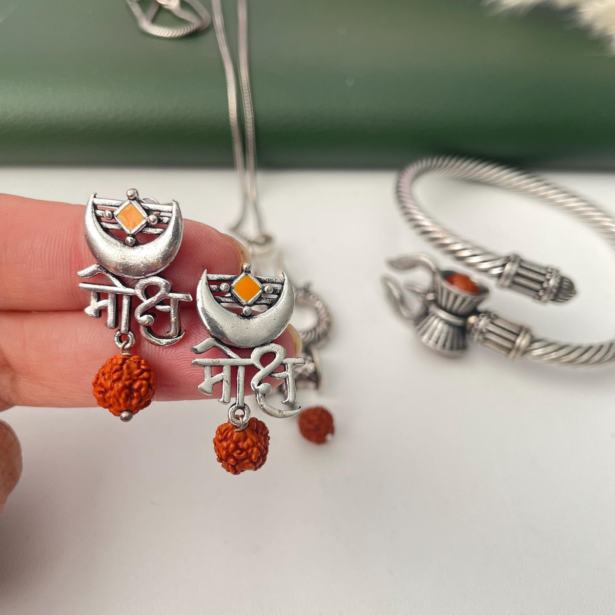 Trishul and Rudraksha unisex pendent necklace , kada and earrings or set