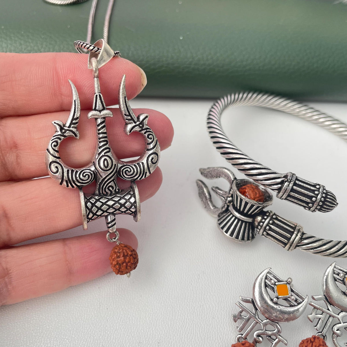 Trishul and Rudraksha unisex pendent necklace , kada and earrings or set