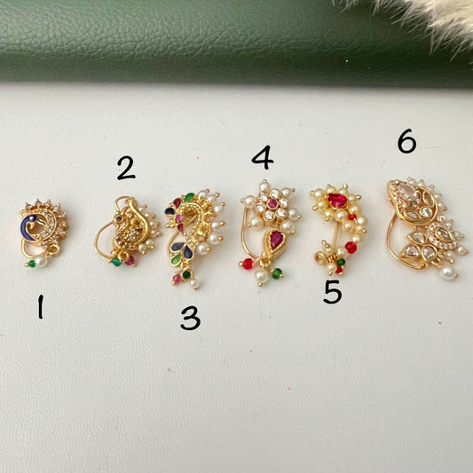 Maharashtrian Nath: Gold Plated cubic zirconia pearl colorful clip on nose pins - Indian Jewelry