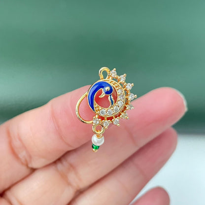 Maharashtrian Nath: Gold Plated cubic zirconia pearl colorful clip on nose pins - Indian Jewelry
