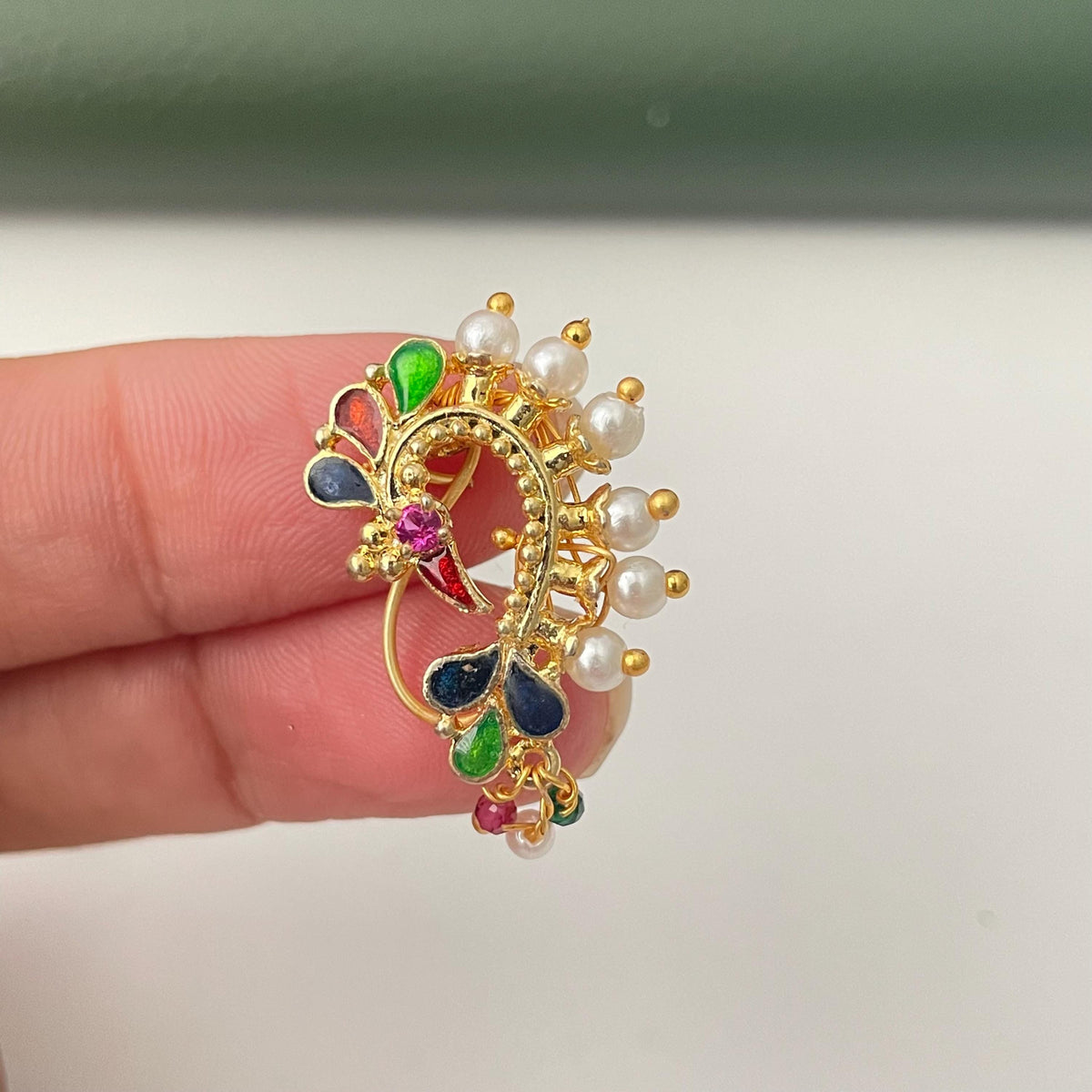 Maharashtrian Nath: Gold Plated cubic zirconia pearl colorful clip on nose pins - Indian Jewelry