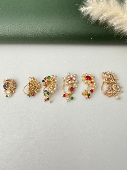 Maharashtrian Nath: Gold Plated cubic zirconia pearl colorful clip on nose pins - Indian Jewelry