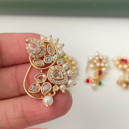 Maharashtrian Nath: Gold Plated cubic zirconia pearl colorful clip on nose pins - Indian Jewelry