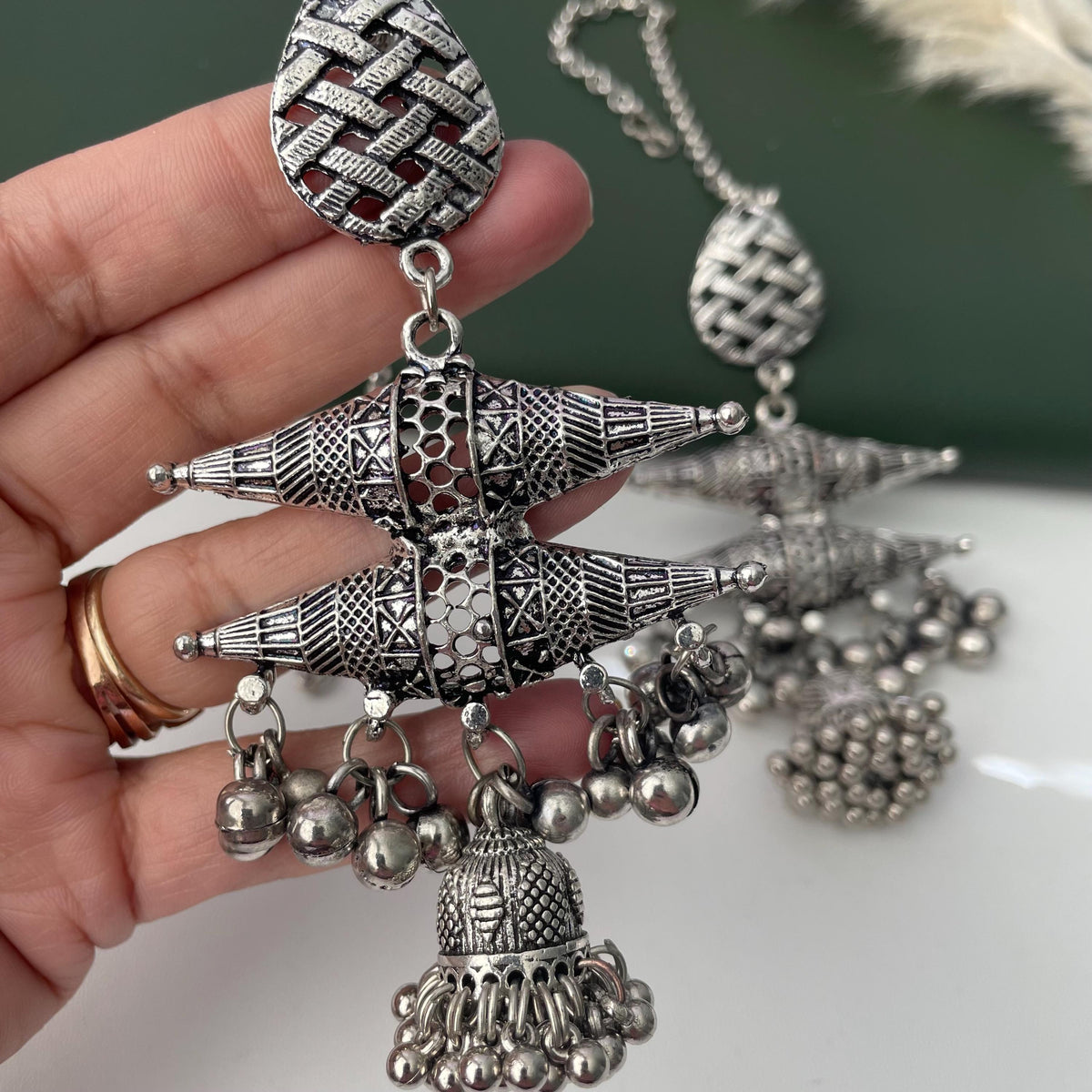 Oxidized Ghungaroo Pendent Necklace set with Earrings