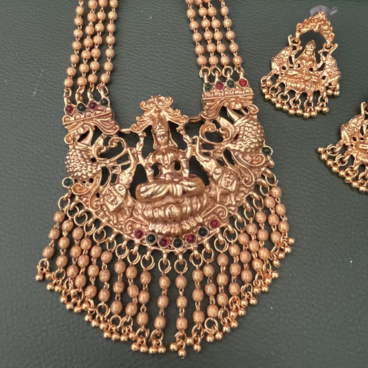 Antique Gold Plated Temple Necklace Ruby Green Stones with Earrings
