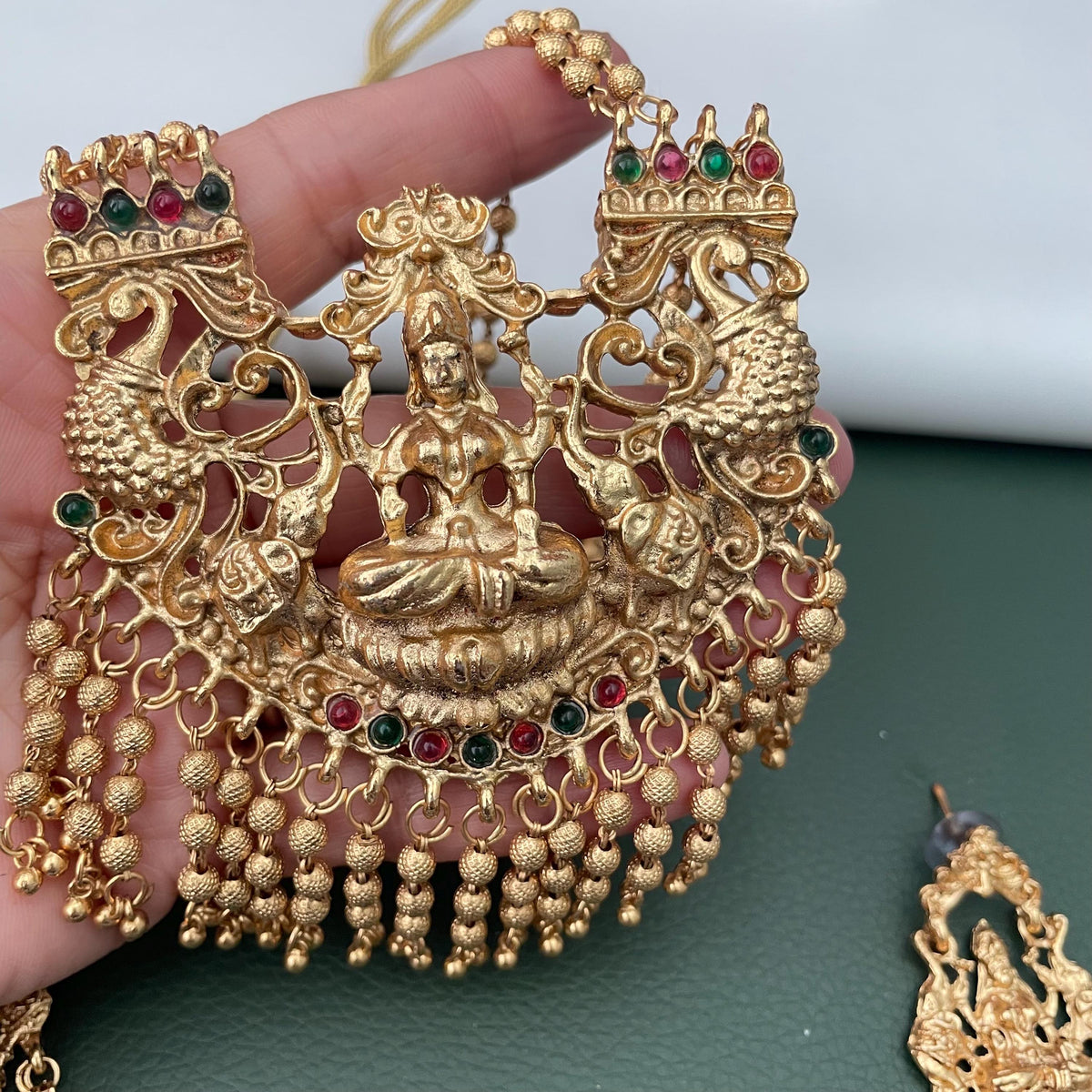 Antique Gold Plated Temple Necklace Ruby Green Stones with Earrings