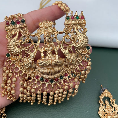 Antique Gold Plated Temple Necklace Ruby Green Stones with Earrings