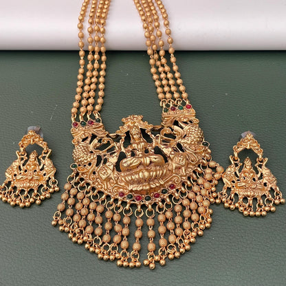 Antique Gold Plated Temple Necklace Ruby Green Stones with Earrings