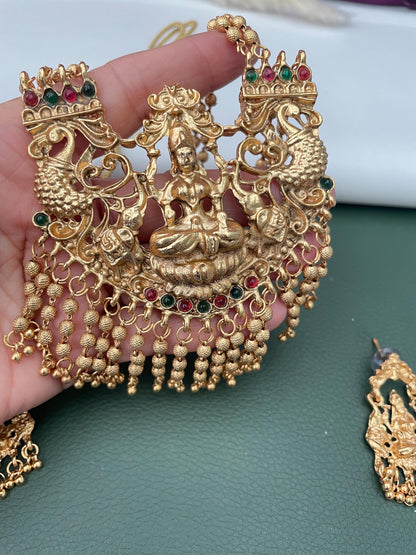 Antique Gold Plated Temple Necklace Ruby Green Stones with Earrings